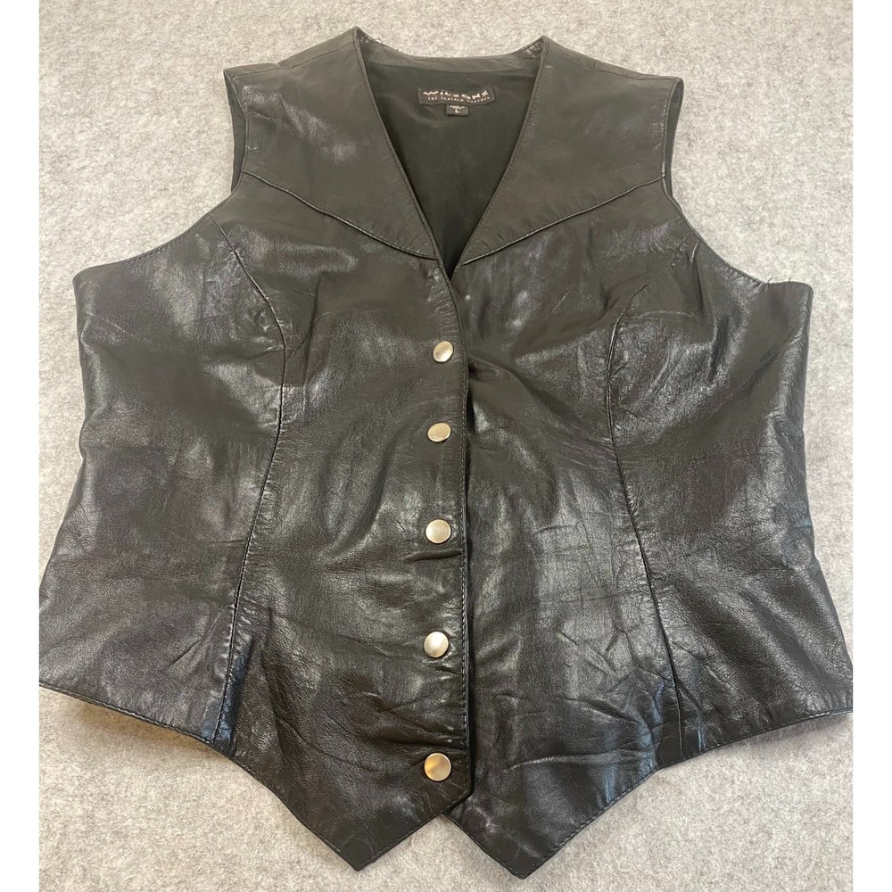 Wilsons Leather Black Vest Snap Front Western Biker Womens Large Vintage Y2K